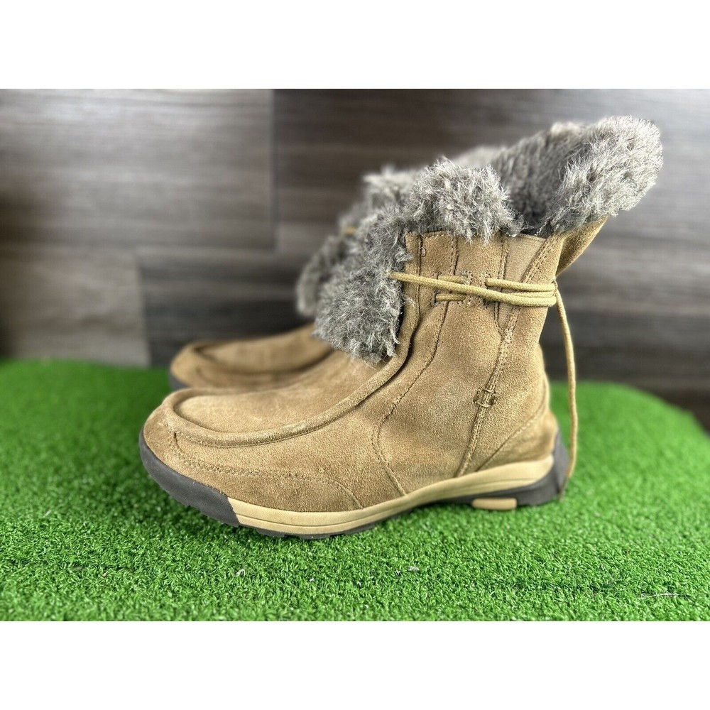 Lands‎ End Womens Winter  Suede Ankle Boot Tan w/Fake Fur*Slip-On size 10
